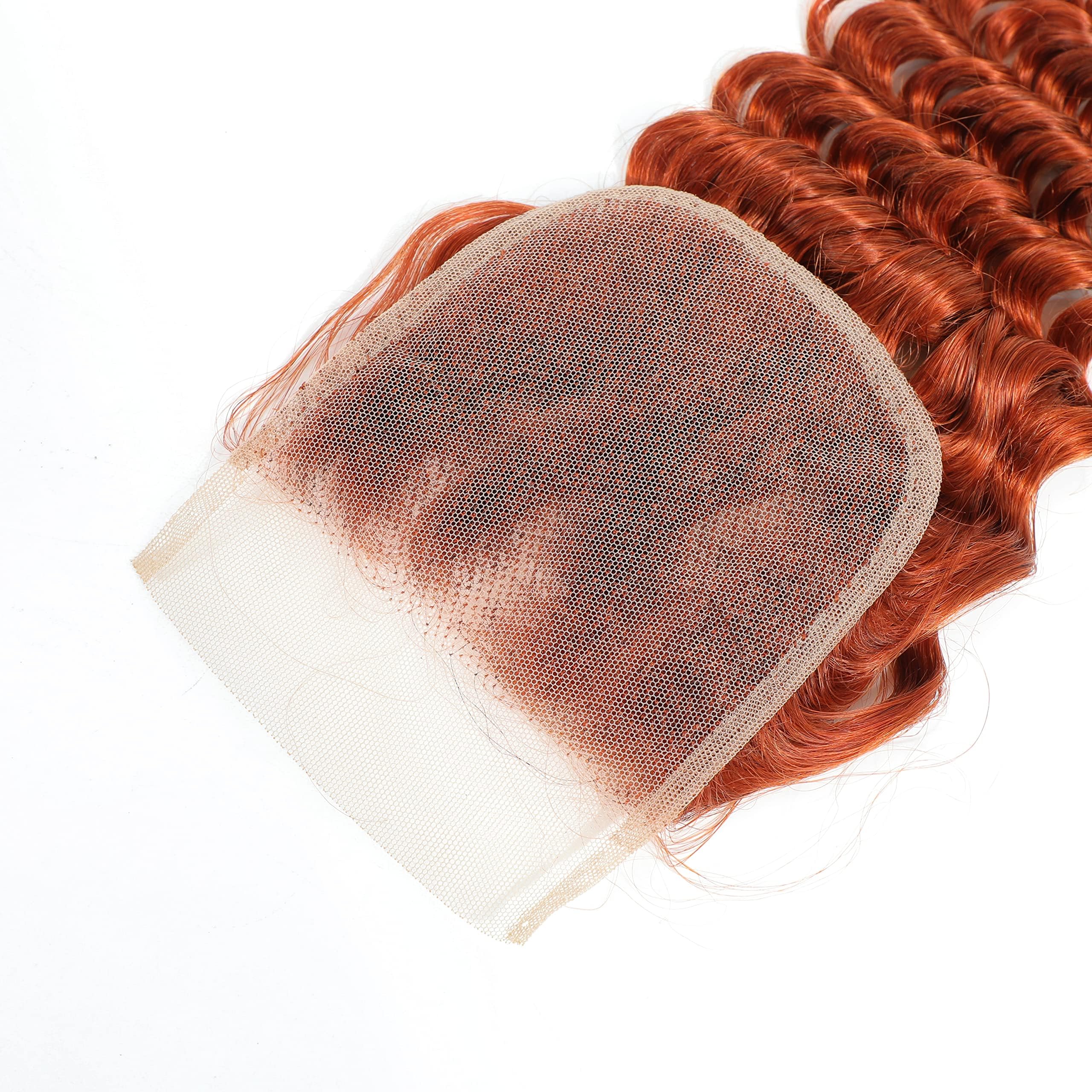 Brazilian Virgin Human Hair Bundles with 4x4 Lace Closure - Deep Wave 16 18 20+16 Inch Ginger Color Curly Weave Hair Extensions for Black Women | Perfect for Daily Wear, Special Occasions & Protective Styling