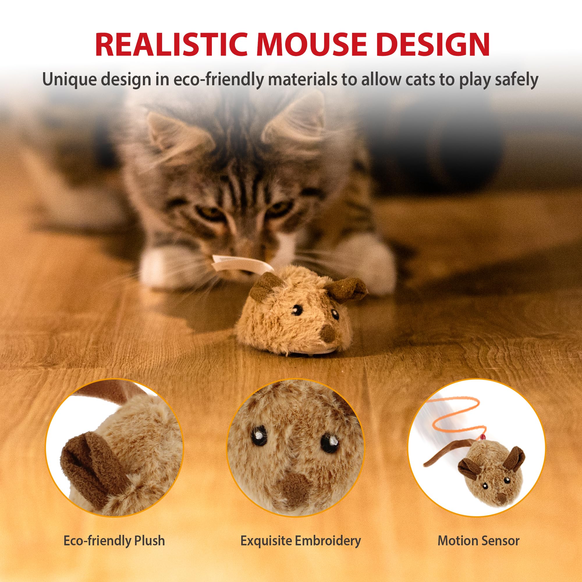 Gigwi Interactive Electronic Cat Toy Mouse with Moving Automatic Motion & Furry Tail - Squeaky Kitten Toy for Indoor/Outdoor Play & Exercise - Perfect for Playtime, Training & Stimulation (Brown-Ear)