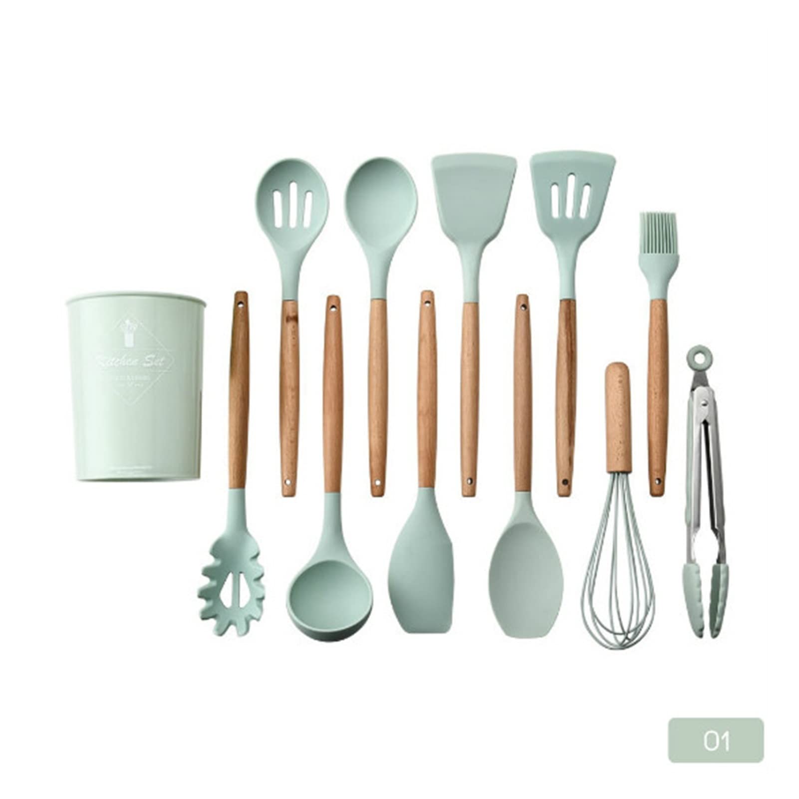 Premium 8/9/11/12pcs Silicone Kitchen Utensil Set with Storage Box - Turner, Tongs, Spatula, Soup Spoon - Non-Slip Heat Resistant Cooking Tools for Baking, Grilling & Everyday Kitchen Use (12Pcs With Bucket)
