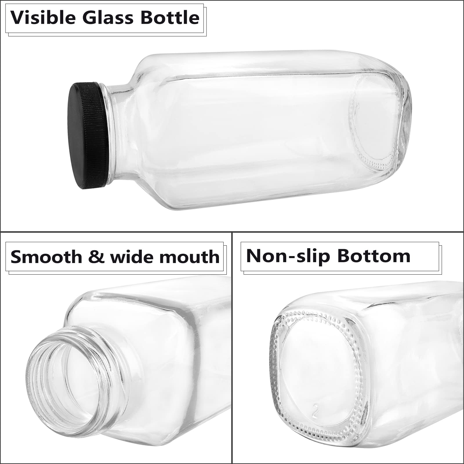 12 Pack 16oz Vintage Square Glass Drink Bottles with Lids - Reusable Juice & Beverage Containers for Milk, Kombucha, Smoothies - Perfect for Home, Office, Picnics & Meal Prep