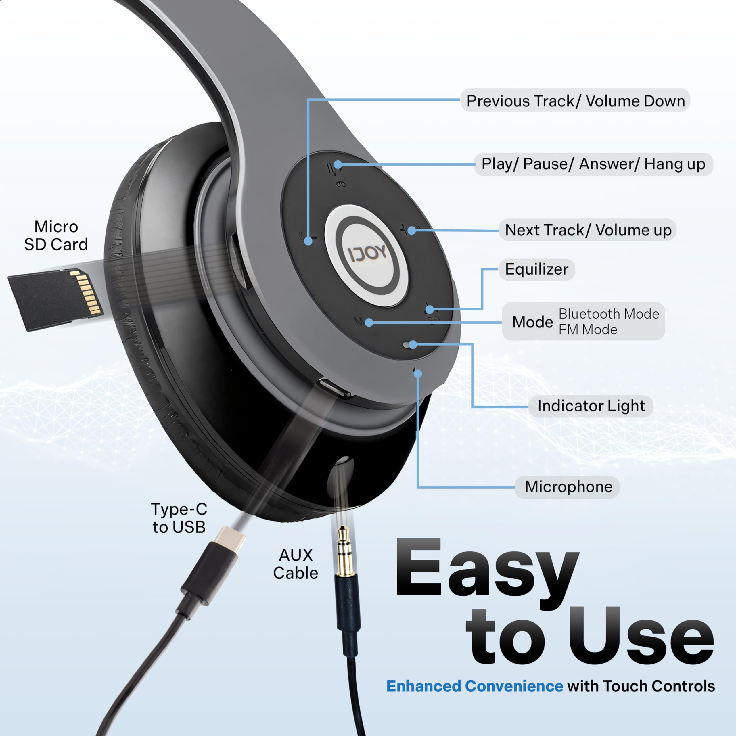iJoy Bluetooth Headphones Over Ear - Wireless & Wired Foldable Headset with Built-in Microphone, Noise Cancelling (Stealth Black) - Comfortable for Adults, Kids, Men & Women - Perfect for Work, Travel & Gaming - Audifonos Inalambricos