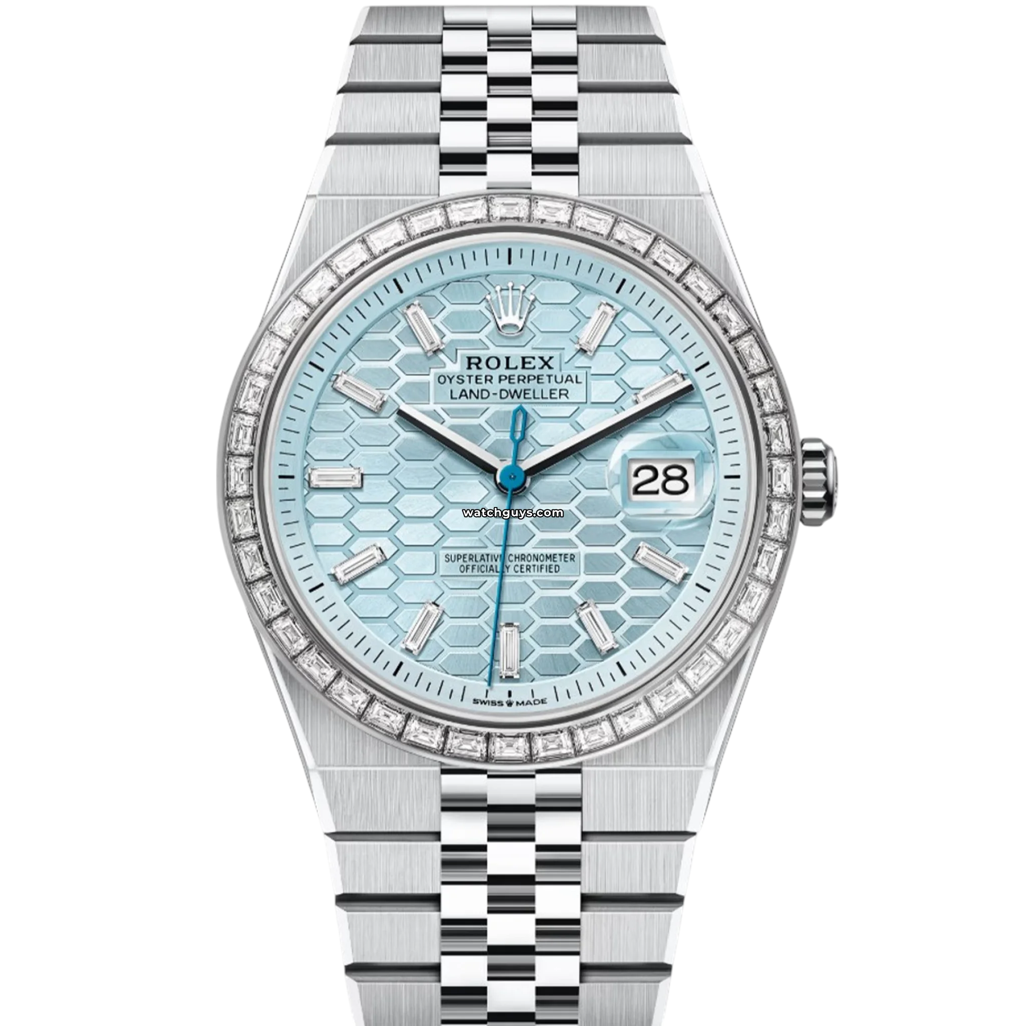 Rolex Land Dweller 127386TBR Platinum Ice Blue Honeycomb Dial Men's Luxury Watch - Perfect for Business Meetings & Formal Occasions