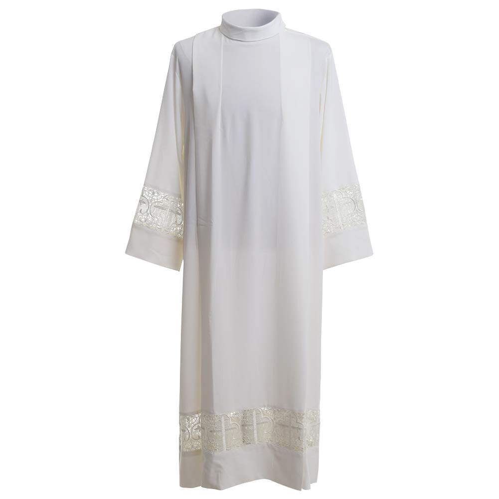BLESSUME Priest Alb Liturgical Church Garment - White Cross Lace Box Pleated Chasuble for Catholic Mass, Baptism & Communion Ceremonies