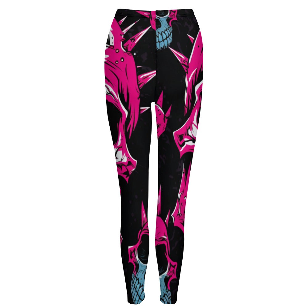 Trendy Pink Punk Skull Print Leggings for Women - Gothic Fashion, Rocker Style, Edgy Streetwear - Perfect for Concerts, Halloween & Alternative Outfits