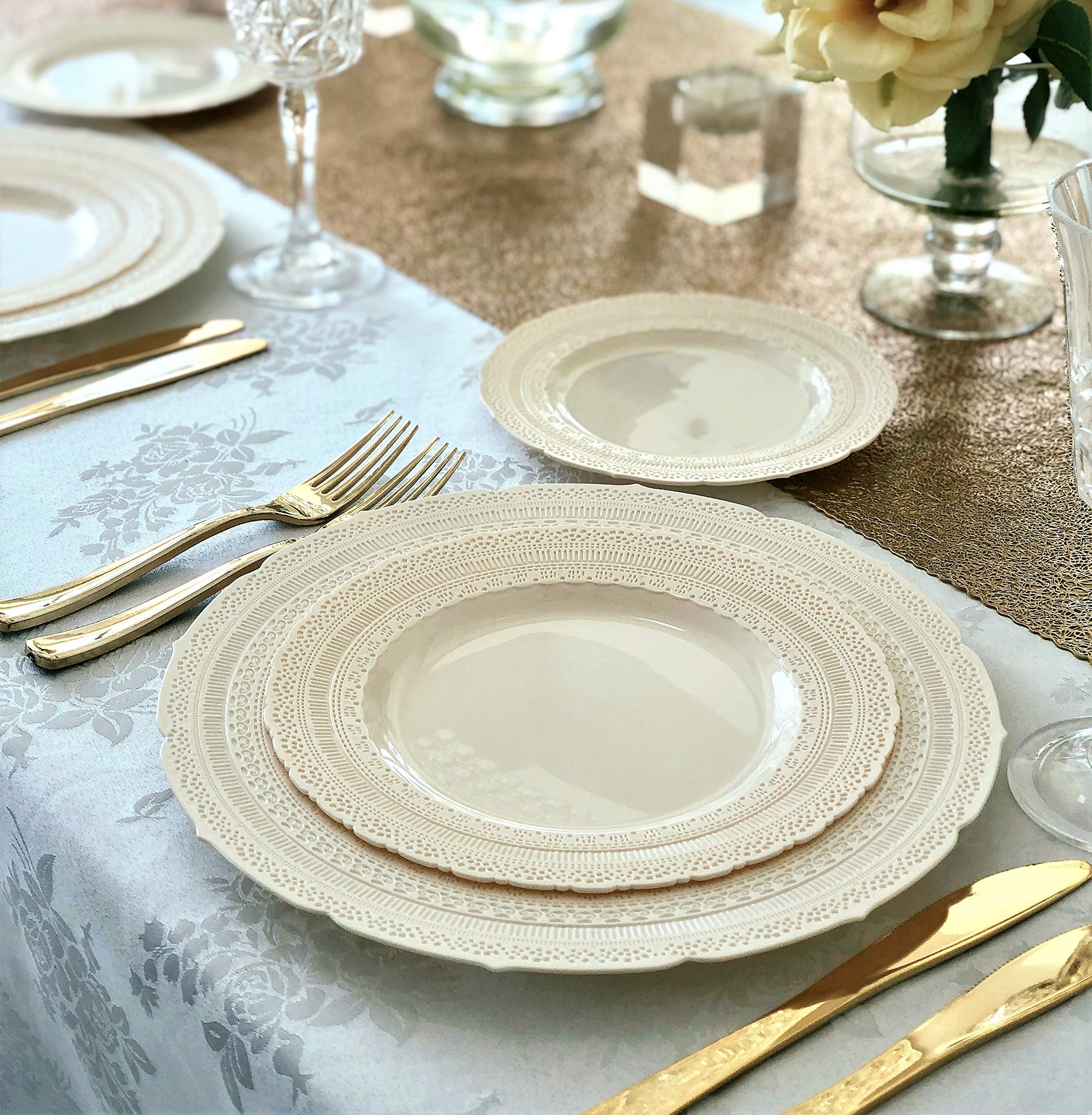 150-Piece Premium Vintage Wedding Dinnerware Set - Heavyweight Disposable/Reusable Plastic Plates (25x11'' + 25x8.25'') + Silverware - Ivory Chateau Collection for Wedding, Party & Special Events