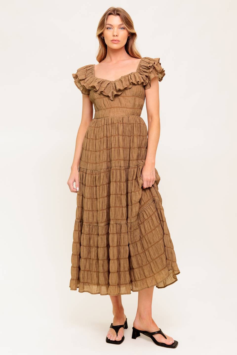 Natural Balance Brown Shirred Midi Dress - Elegant & Comfortable Casual Wear for Women | Perfect for Brunch, Office & Date Nights