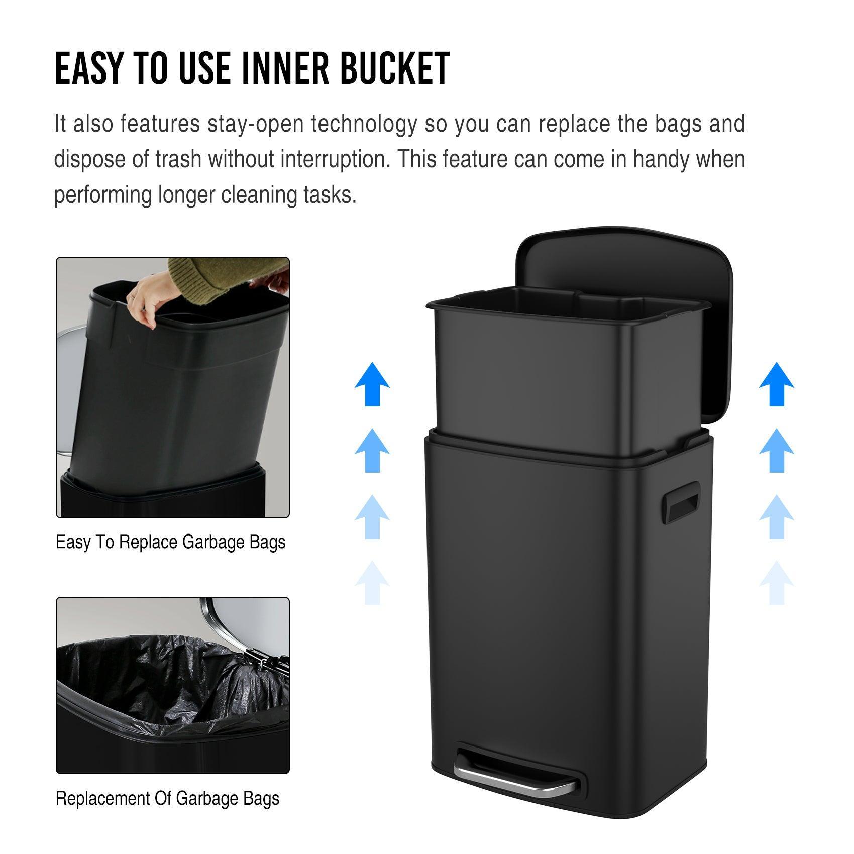 13 Gallon 50L Stainless Steel Step Trash Can with Soft Close Lid - Rectangular Kitchen Garbage Bin Includes 30 Trash Bags - Perfect for Home, Office, and Restaurant Use