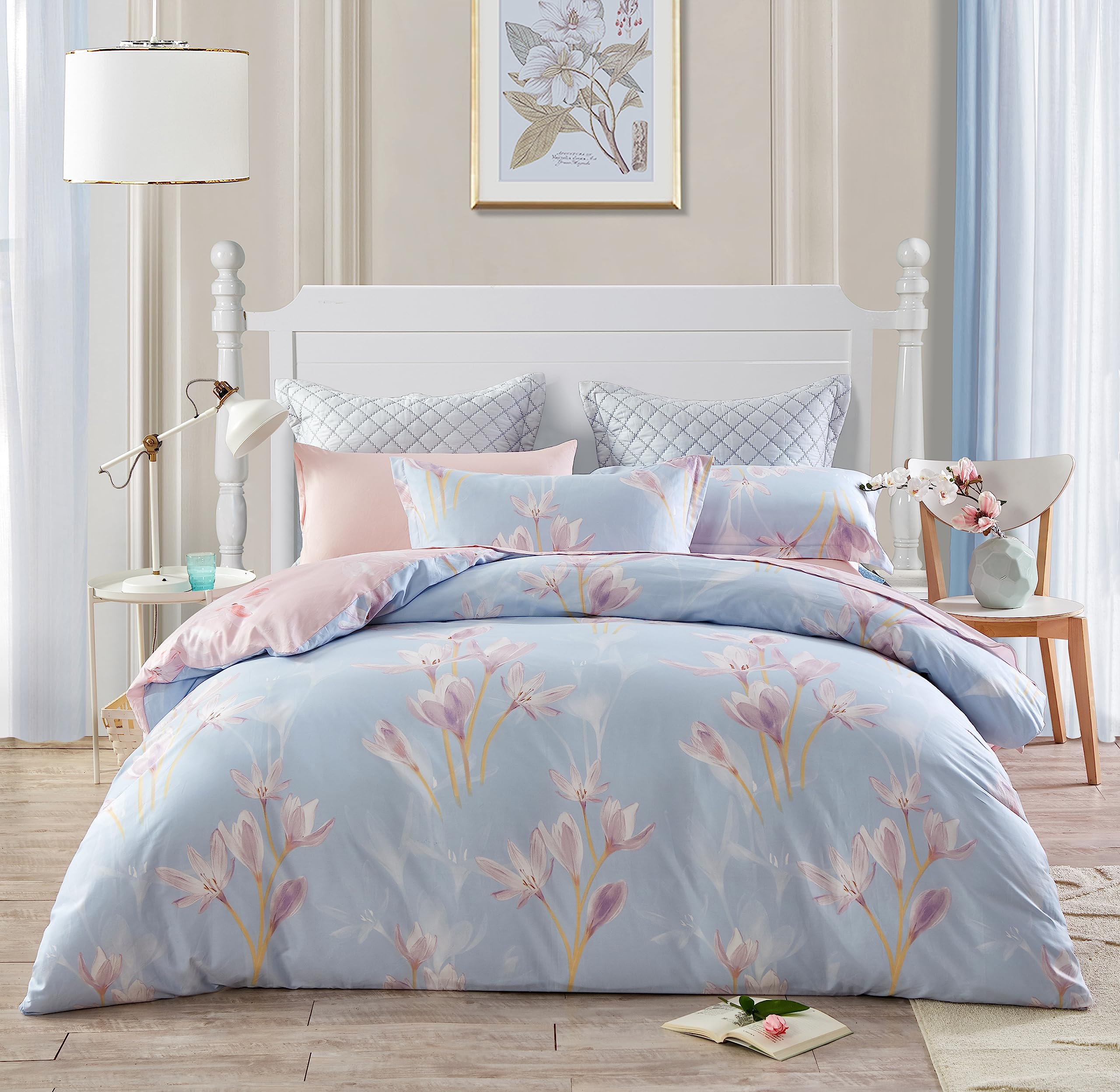 SAPHREAS Blue Pink Floral Duvet Cover Set - Twin Size 100% Cotton 3-Piece Girls Bedding Comforter Set (1 Duvet Cover + 2 Pillow Shams) for Kids Room, Teen Bedroom & Nursery Decor