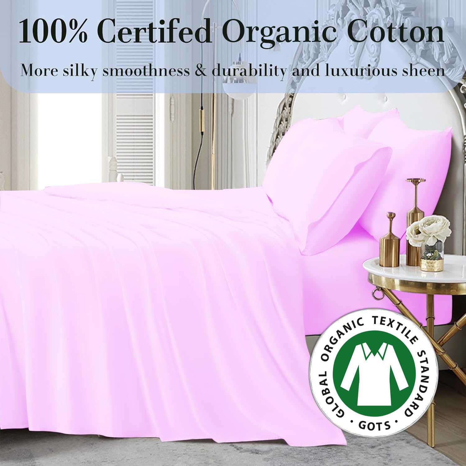 4-Piece King Size Sheet Set - 100% Organic Cotton, 800 Thread Count, Ultra Soft & Breathable, Luxury Deep Pocket (8-12