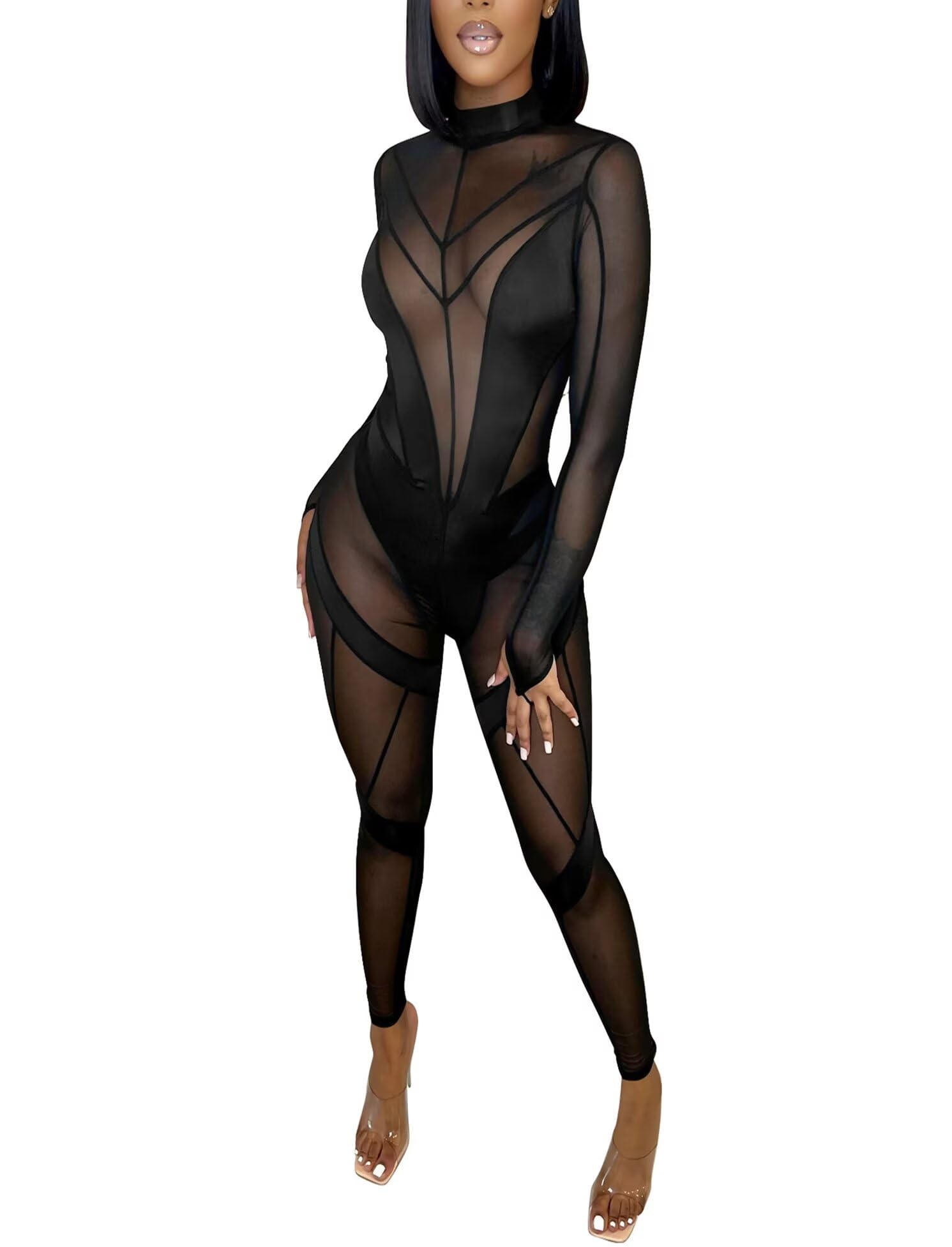 Sexy High Neck Sheer Mesh Bodycon Jumpsuit for Women - Clubwear & Party Outfit - Perfect for Nightclubs, Dates, and Special Occasions