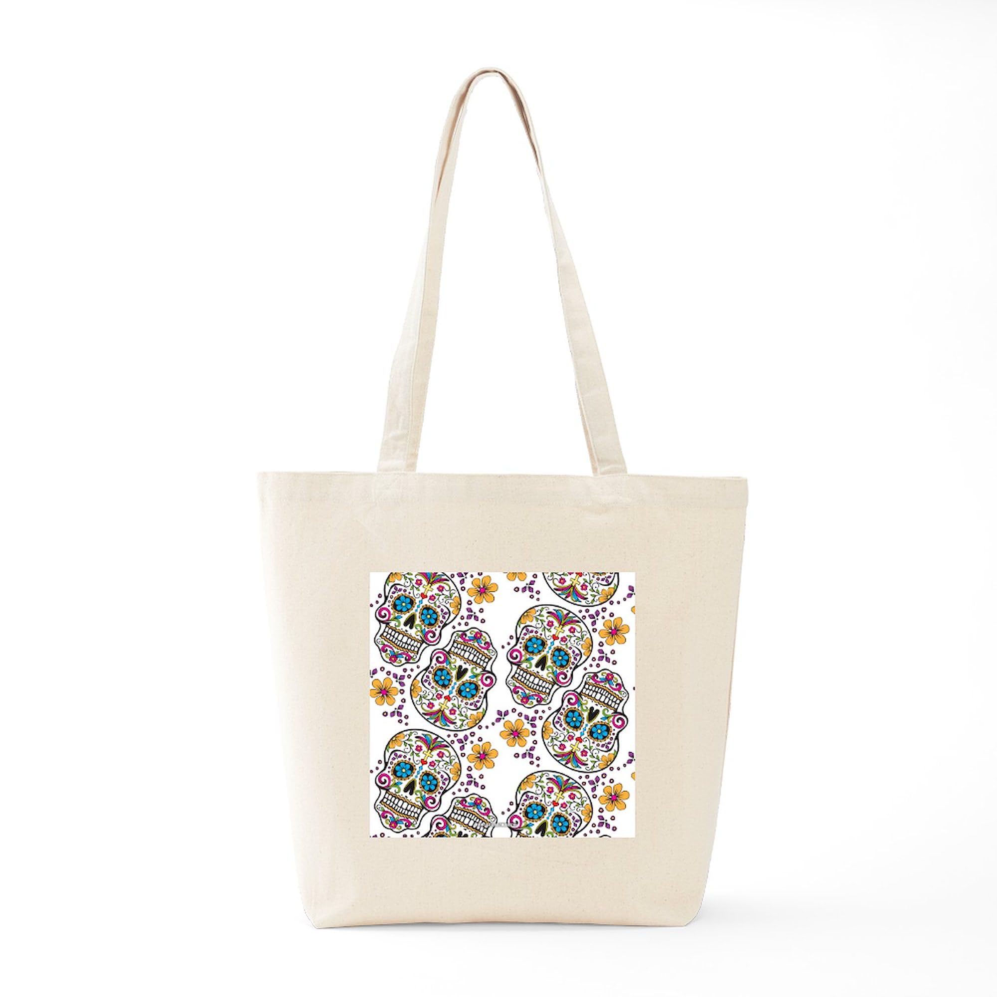 Sugar Skull Halloween White Tote Bag - Natural Canvas Reusable Shopping Bag for Groceries, Beach & Everyday Use