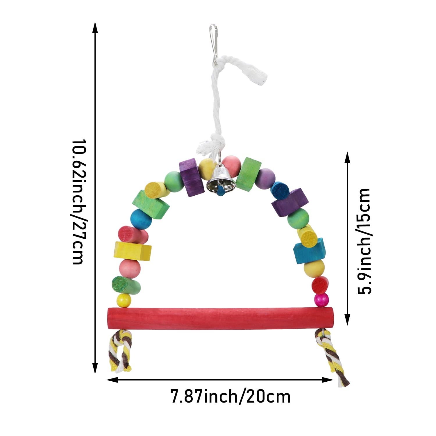 Natural Wooden Bird Swing Toy with Rainbow Bridge & Hanging Bells - Safe Chewable Knots for Parrots, Budgies, Lovebirds, Conures, Cockatoos - Perfect for Cage Enrichment & Playtime Stimulation