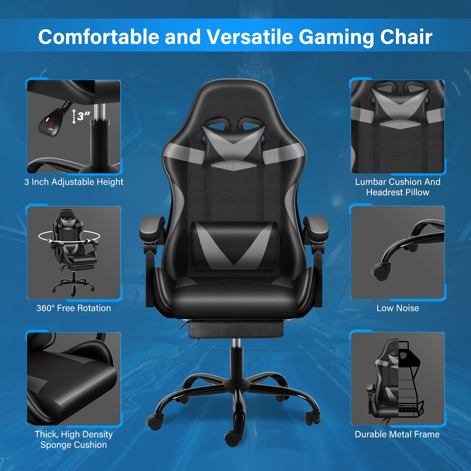 Premium Gaming Chair with Footrest - Big & Tall Ergonomic Racing Style Office Chair - Adjustable Swivel Seat with Headrest & Lumbar Support - Perfect for PC Gaming, Streaming & Home Office Work