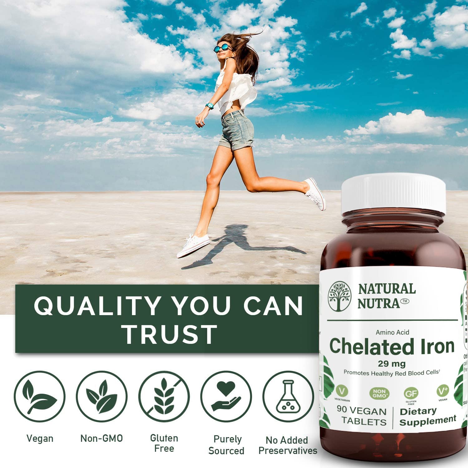 Natural Nutra Chelated Iron Supplement for Men & Women - Supports Nail, Skin & Hair Health - Enhances Iron Levels & Absorption - Gluten Free - 90 Tablets - Ideal for Anemia Support & Energy Boost