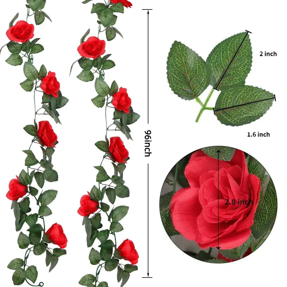 16 FT Artificial Rose Vine Garland - Fake Hanging Flowers for Home, Hotel, Office, Wedding & Garden Decor (Red, 2 Pack) - Perfect for Wall, Fence, Balcony & Party Decoration