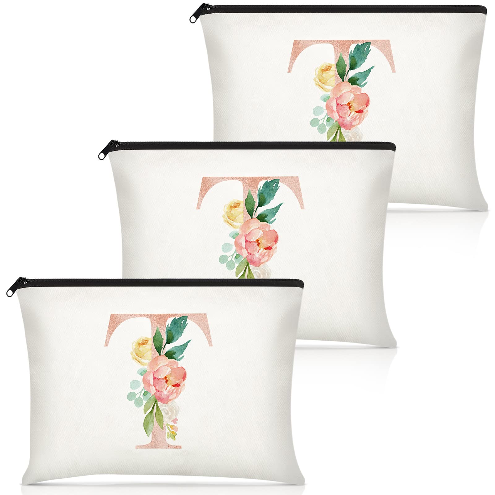 Floral Monogram Makeup Bag - Wedding, Bridal Shower Gift for Women - 9x6 Inches (T Style) - Perfect for Cosmetics & Travel