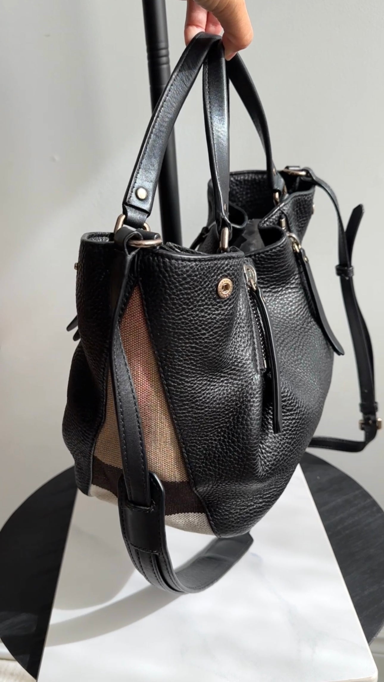 Burberry Black Grained Leather and Check Fabric Maidstone 2-Way Shoulder Bag for Women | Luxury Designer Handbag for Work, Travel & Everyday Use