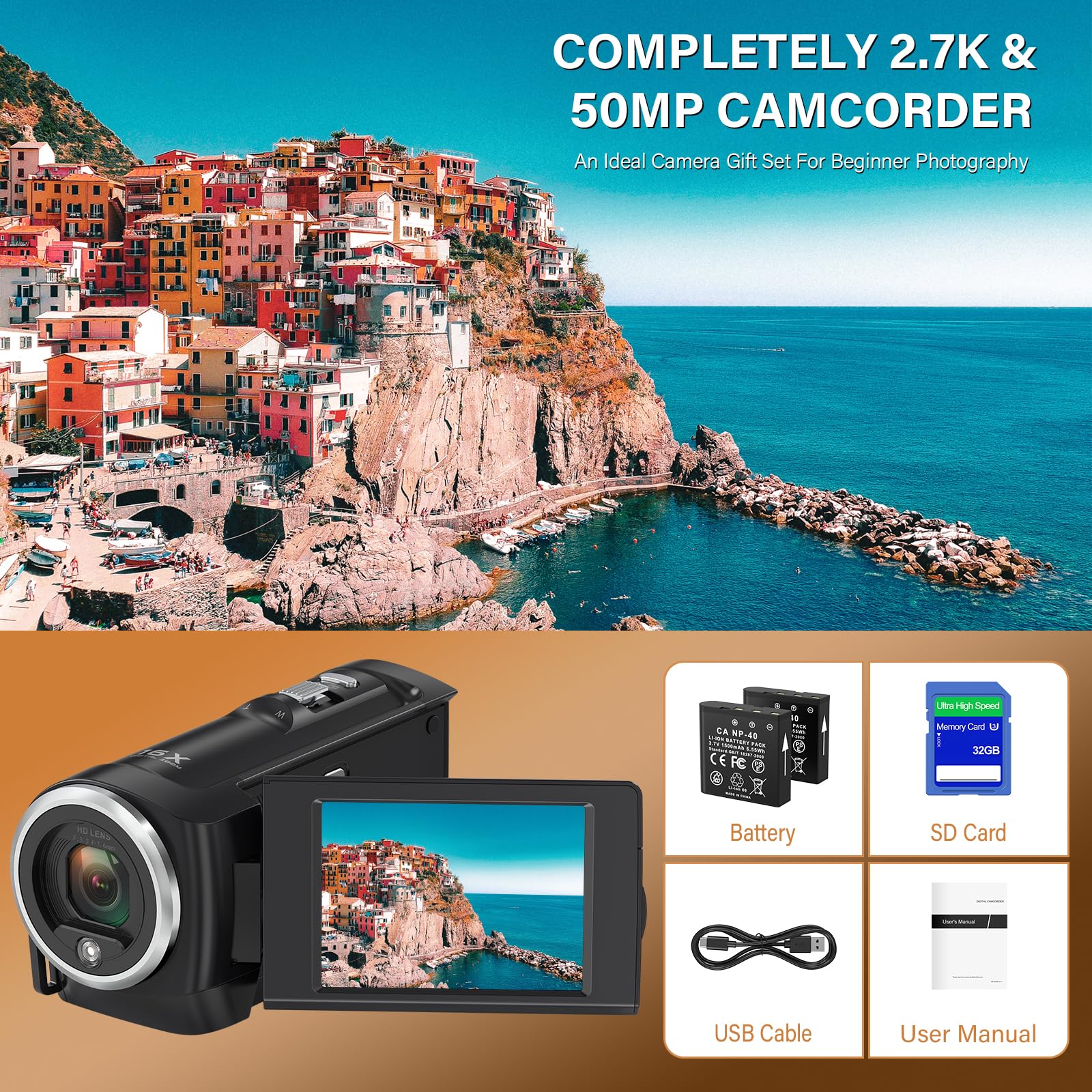 QHD 2.7K 50MP Digital Camcorder with 16X Zoom - 2.8