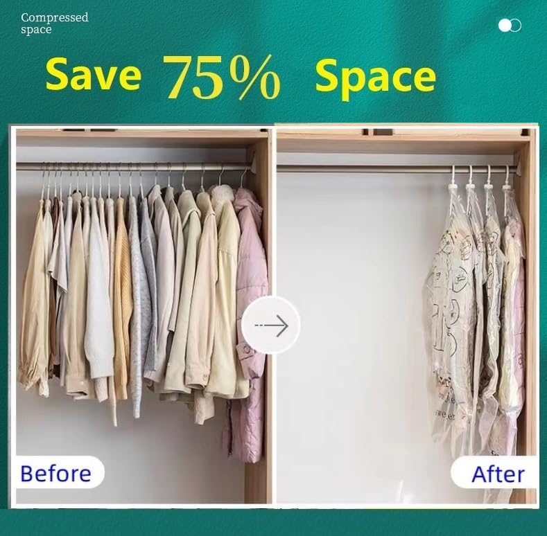 6 Pack Vacuum Storage Bags for Clothes - Space Saving Hanging Organizer for Suits, Dresses & Jackets | Clear Vacuum Seal Bags for Closet, Travel & Seasonal Storage