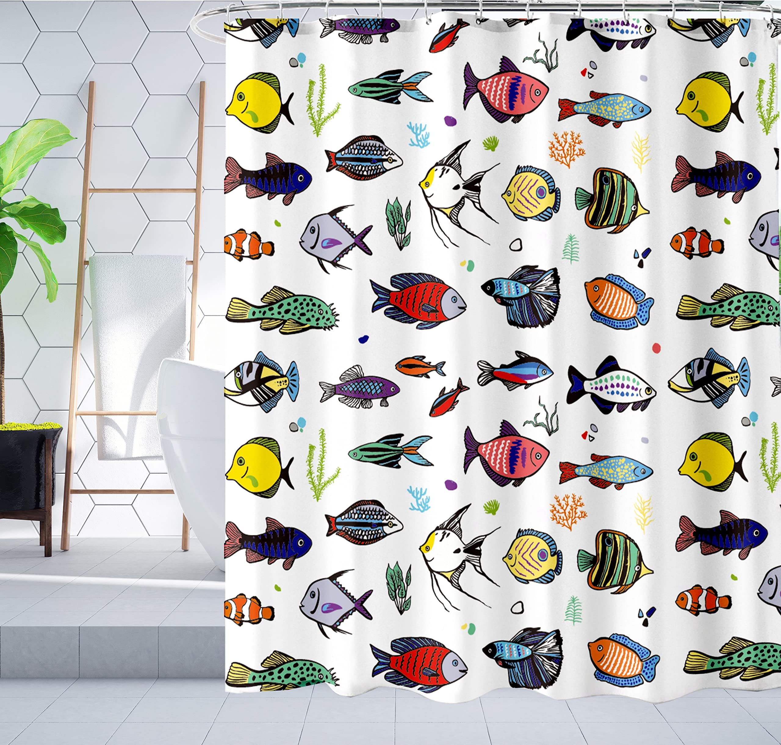 Abstract Fish Artistic Print Shower Curtain - 72x72 Inches White Polyester Fabric Bathroom Decor with Clear View | Perfect for Coastal, Nautical & Ocean-Themed Bathrooms