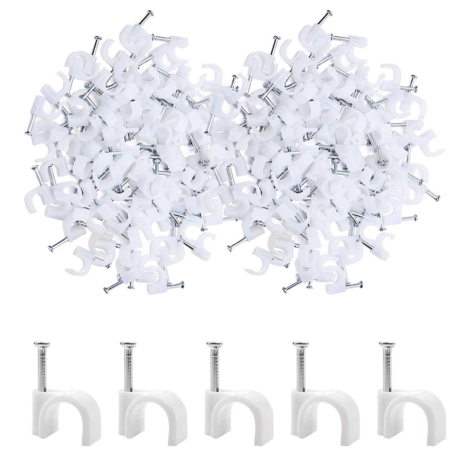 200PCS 6MM White Round Cable Clips - Cable Management Organizer with Steel Nails for Wall Mounting - Perfect for Home Office, TV Wires, Computer Cables and Electrical Cord Organization