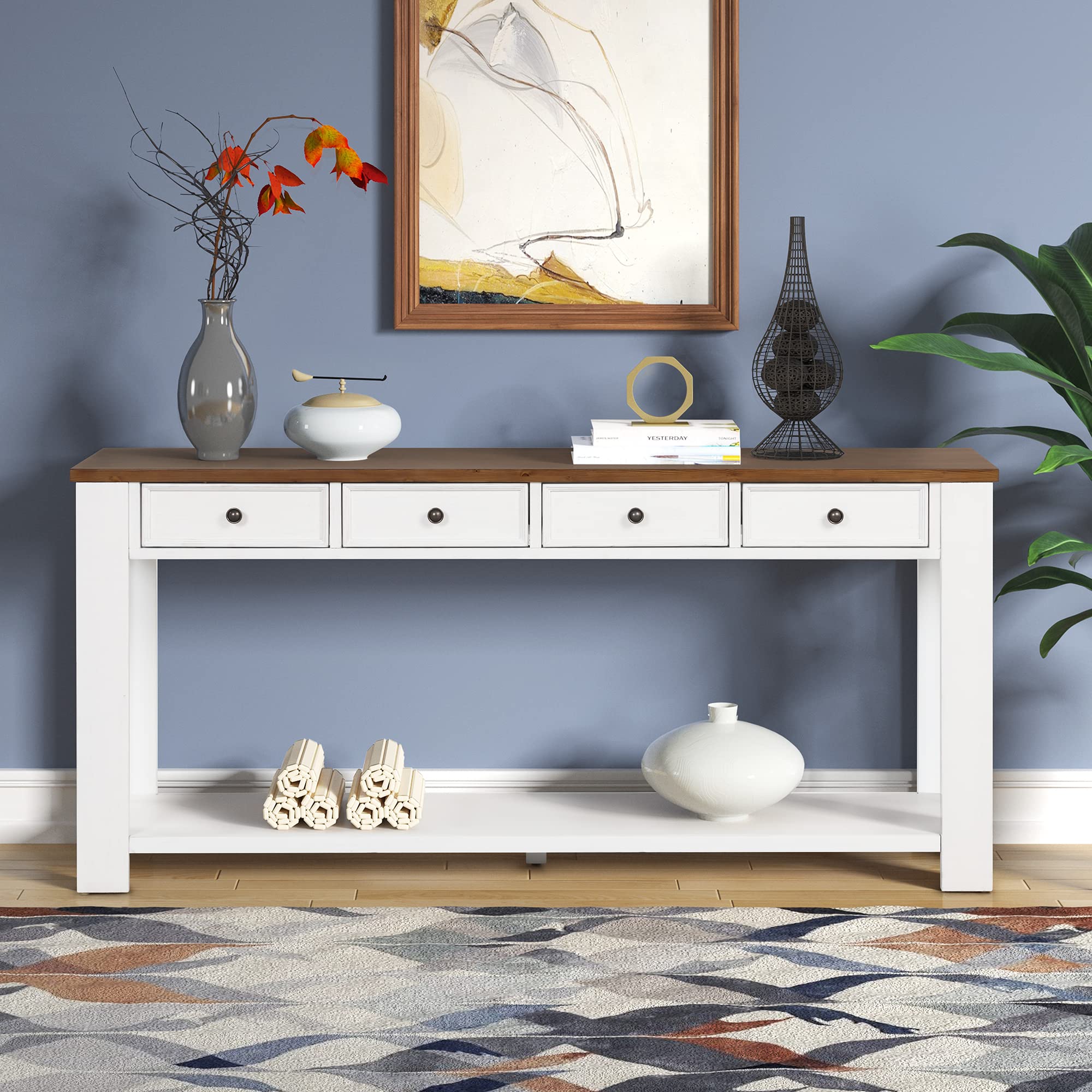 P PURLOVE 63 Inch Solid Wood Console Table with 4 Drawers & Bottom Shelf - Entryway Sofa Table, Hallway Organizer, Living Room Sideboard - Perfect for Home Decor, Storage & Display (Espresso Finish)