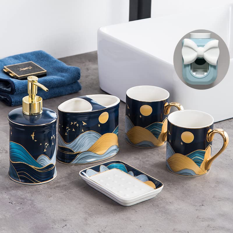 Premium 5-Piece Ceramic Bathroom Accessory Set - Toothbrush Holder, Soap Dispenser, Soap Dish & 2 Toothbrush Mugs - Elegant Bathroom Decor for Modern Homes, Apartments & Guest Bathrooms