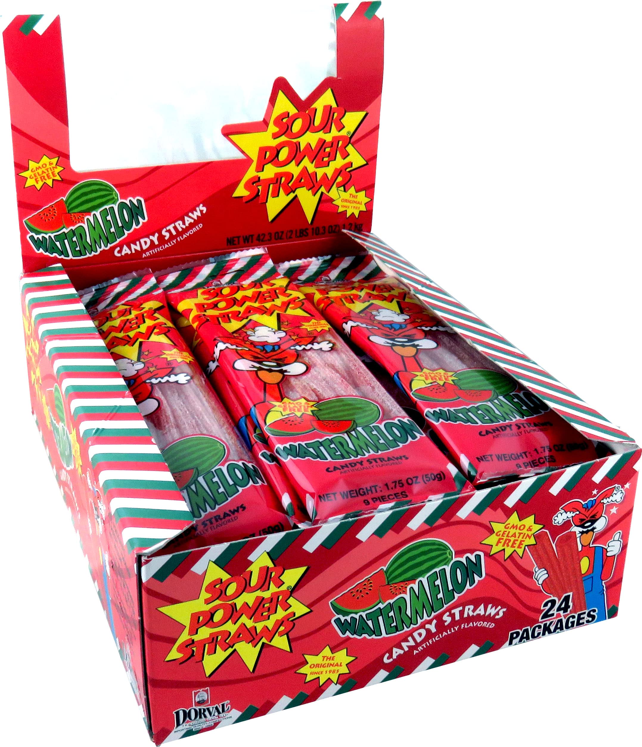 Sour Power Candy Straws - Watermelon Flavor - 1.75 oz (Pack of 24) | Fun Party Favors, Halloween Treats & Office Snacks