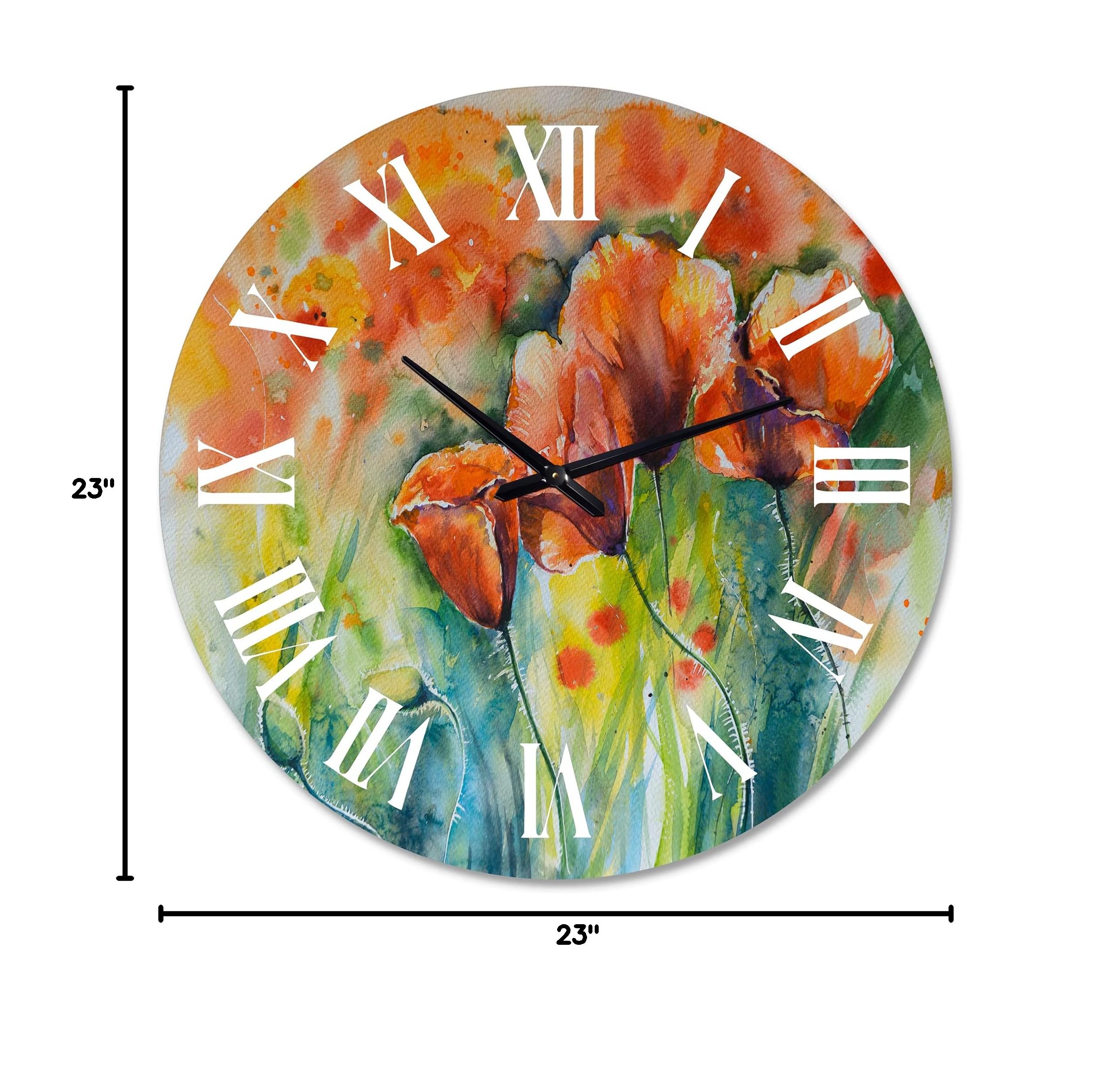 Large Floral Wall Clock - Red Blossoming Poppies V Traditional Decor for Living Room, Bedroom & Office | Silent Non-Ticking Home Decor