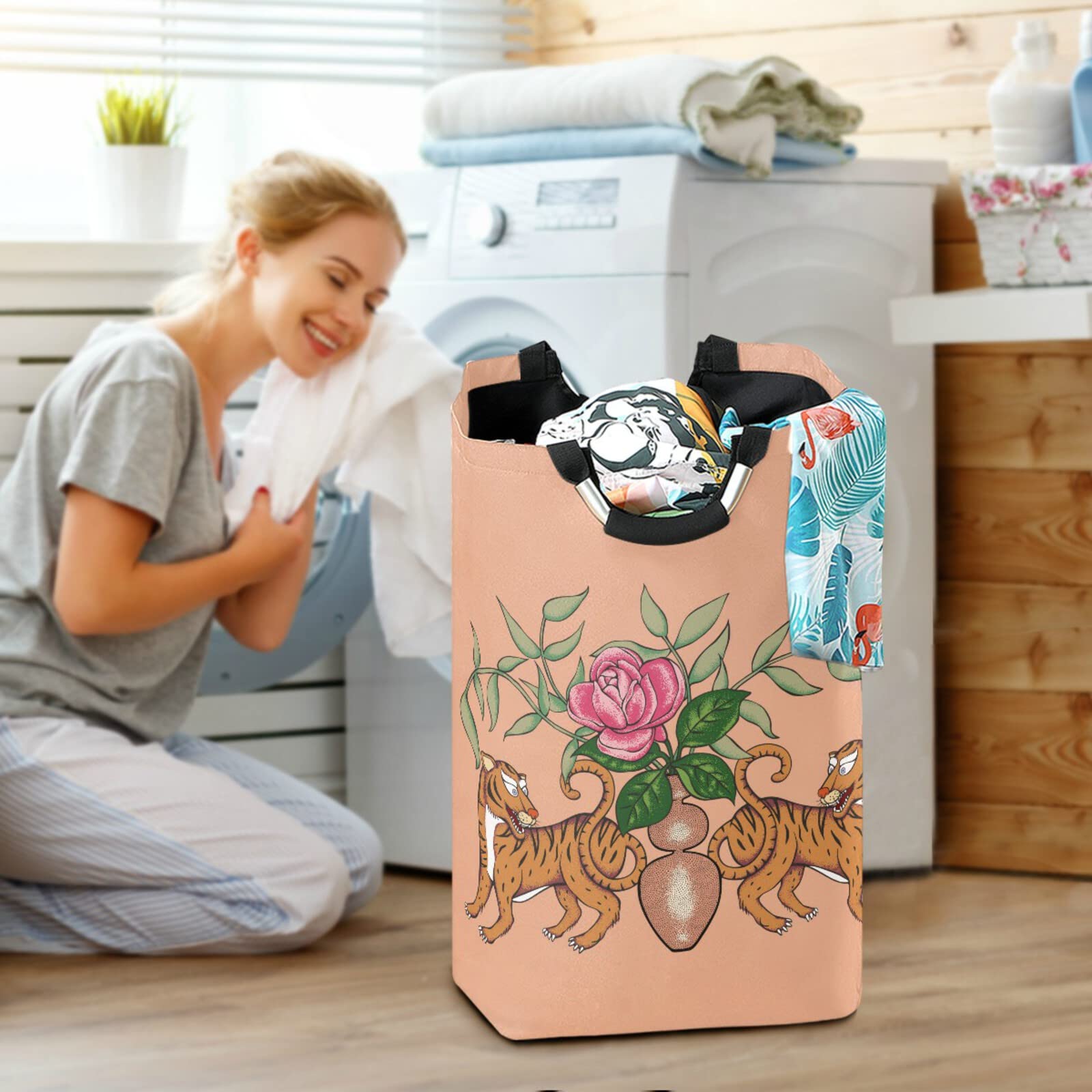 Susiyo Tigers with Flower Vase Chinoiserie Laundry Basket - Large Collapsible Freestanding Storage Hamper with Thick Handles for Bathroom, Dorm, Toys & Clothing Organization - Perfect for Home Decor, Laundry Room, and Bedroom Storage