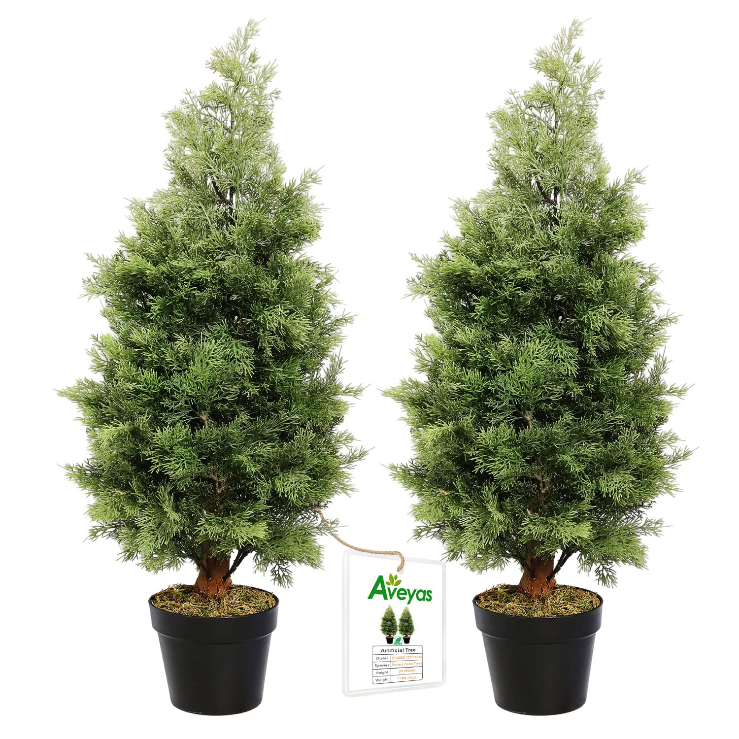 Aveyas 2 Pack 3ft Artificial Cedar Topiary Trees in Cemented Plastic Pot - Fake Cypress Plants, Faux Mini Pine Silk Trees for Indoor & Outdoor Decor - Perfect for Patio, Front Door, Porch, Floor & Modern Home Decoration (3 Feet)
