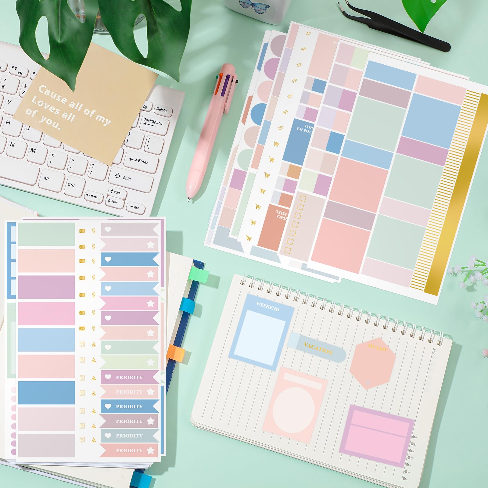 Pastel Planner Stickers Set - 24 Sheets Mixed Metallic Functional & Elegant Stickers with Free Tweezer for Bullet Journals, Scrapbooking & Budgeting (Cute Color Collection) - Perfect for DIY Planning, Gift Wrapping & Home Organization