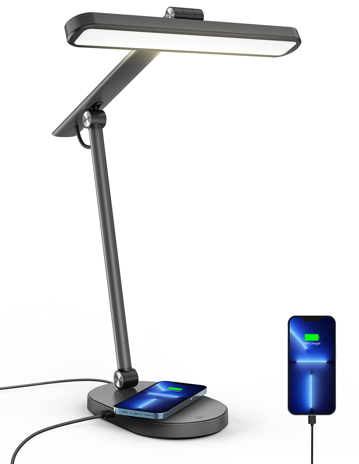 MOMAX 15W Wireless Charging LED Desk Lamp with Eye-Caring Q.LED Technology - 1000 Lumens Adjustable Light with Light Sensor, 10W USB Port, Foldable & Rotatable Design - Perfect for Home Office, Reading, Studying & Nightstand Use (Grey)