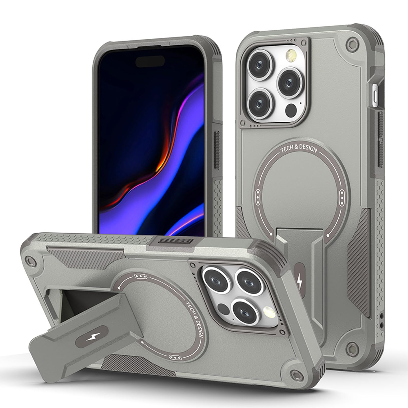 Armilem Heavy Duty Rugged Case for iPhone 15 Pro Max - Military Grade Drop Protection, Magsafe Compatible, Built-in Screen Protector & Kickstand (Grey) - Perfect for Outdoor Adventures, Construction Work & Extreme Sports Protection