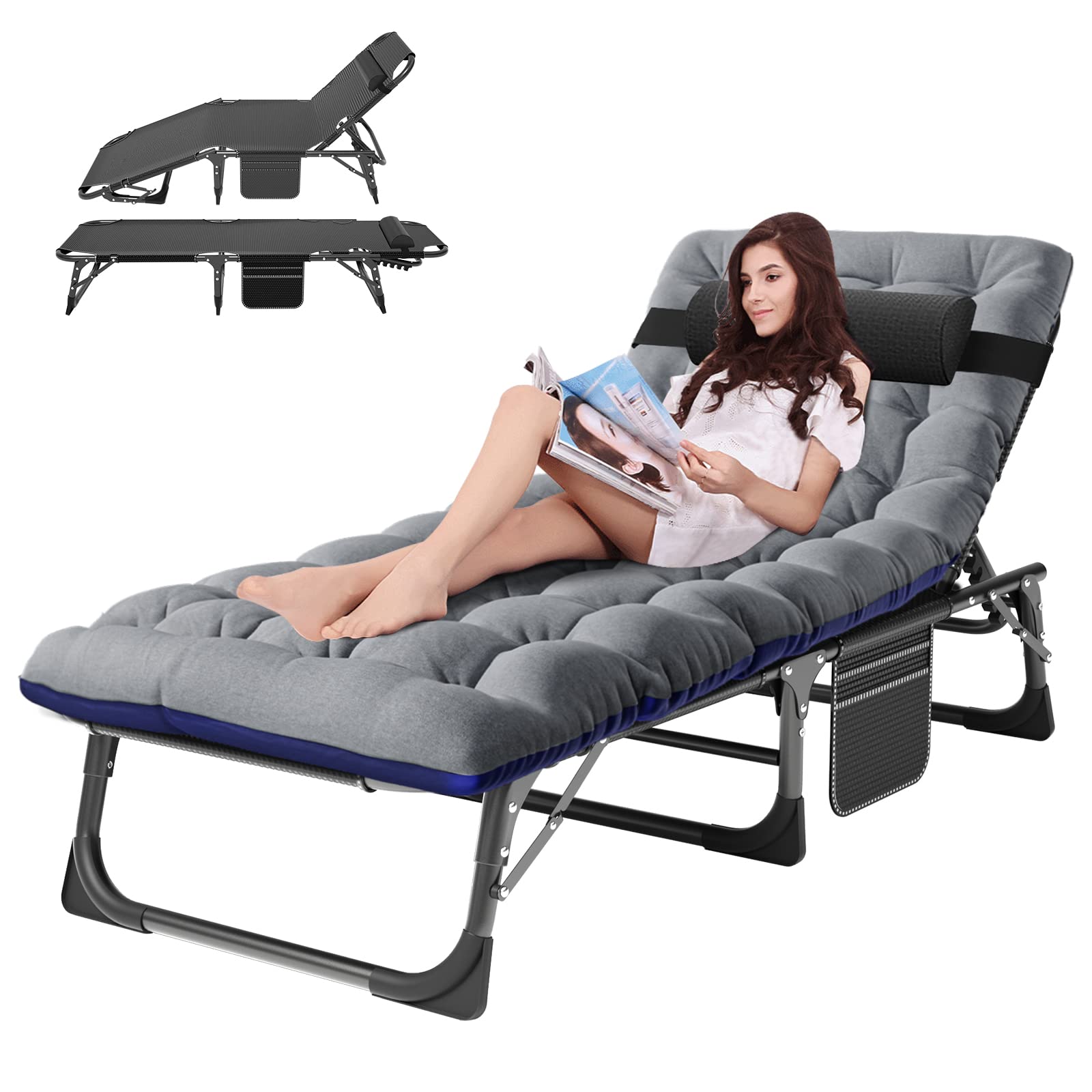 ABORON 5-Position Adjustable Folding Chaise Lounge Chair with Mattress & Pillow - Portable Outdoor Recliner for Sunbathing, Camping, Beach, Poolside, Patio - Perfect for Relaxation and Comfort in Any Outdoor Setting