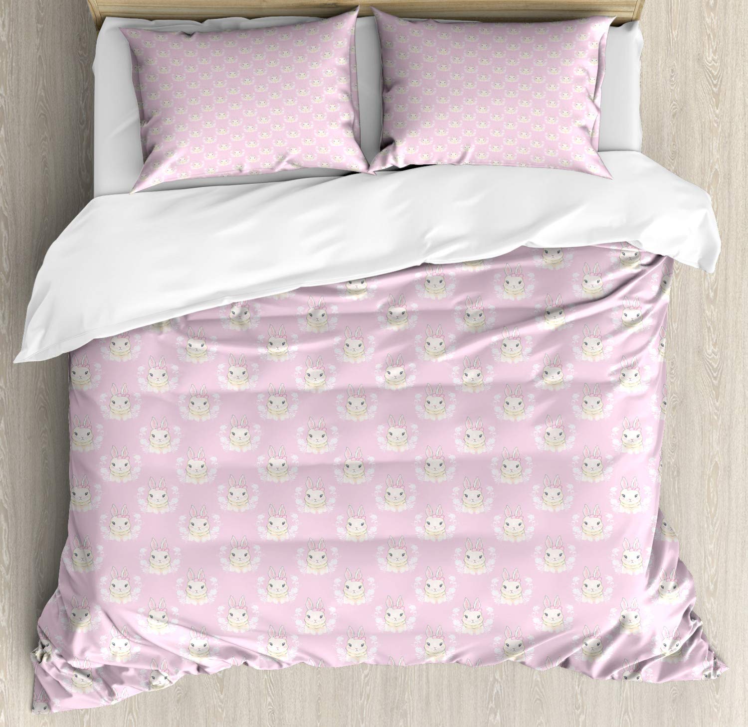Ambesonne Easter Bunny Duvet Cover Set - Floral Spring Rabbit with Ribbons Design in Soft Pink Tones, 3-Piece Queen Size Bedding Set with 2 Pillow Shams (Rose Champagne) | Perfect for Spring Decor, Easter Gift, and Cozy Bedroom Makeover