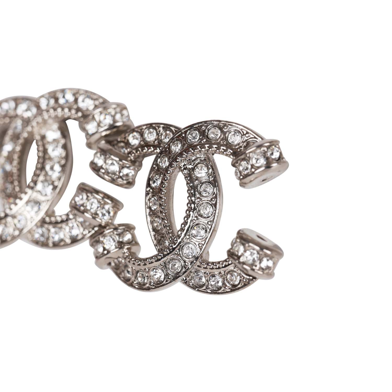 Chanel Silver Crystal CC Stud Earrings for Women - Elegant Luxury Jewelry Gift for Party, Wedding & Special Occasions