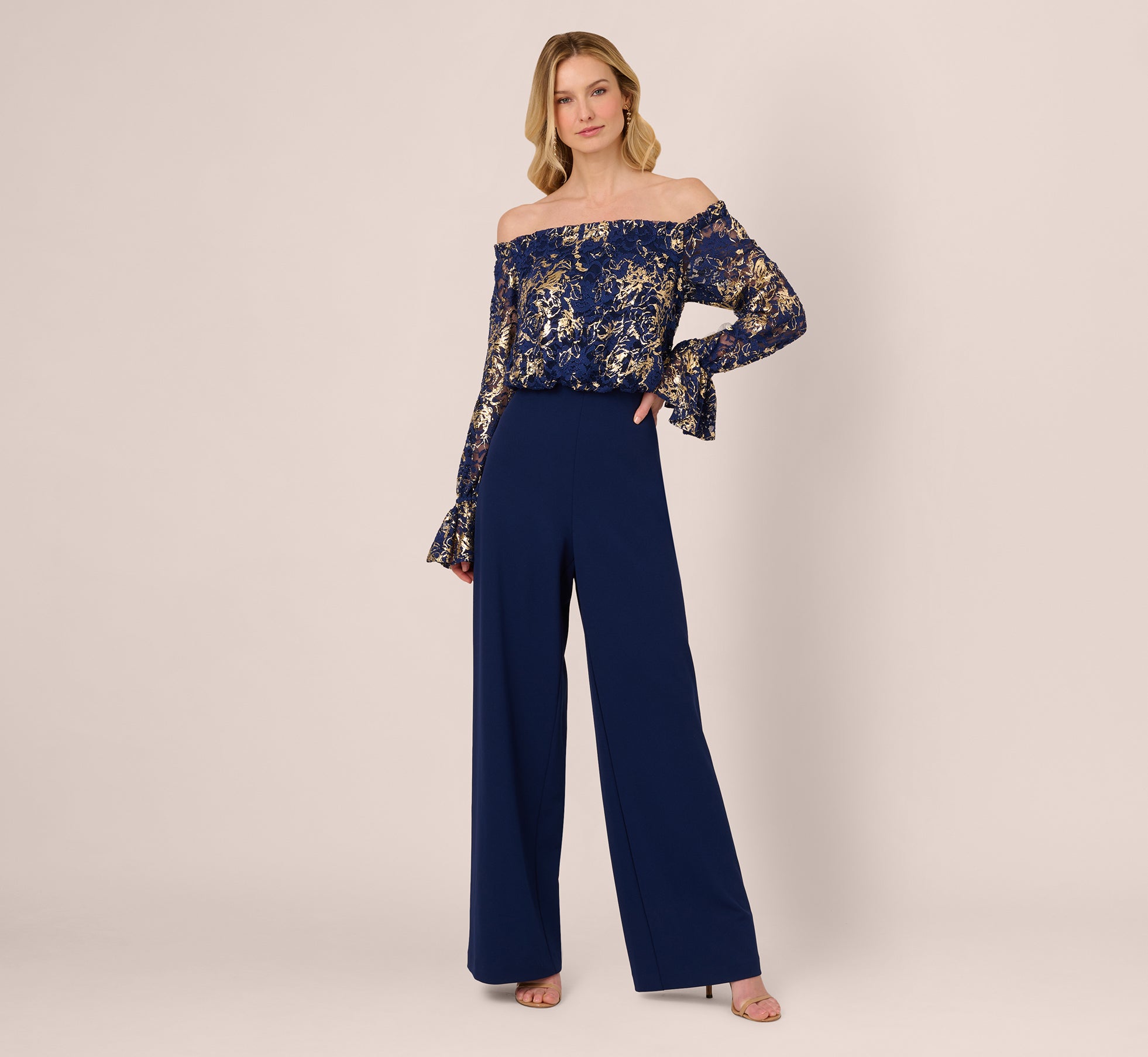 Navy and Gold Lace & Crepe Jumpsuit - Elegant Women's Romper for Party, Wedding & Special Occasions