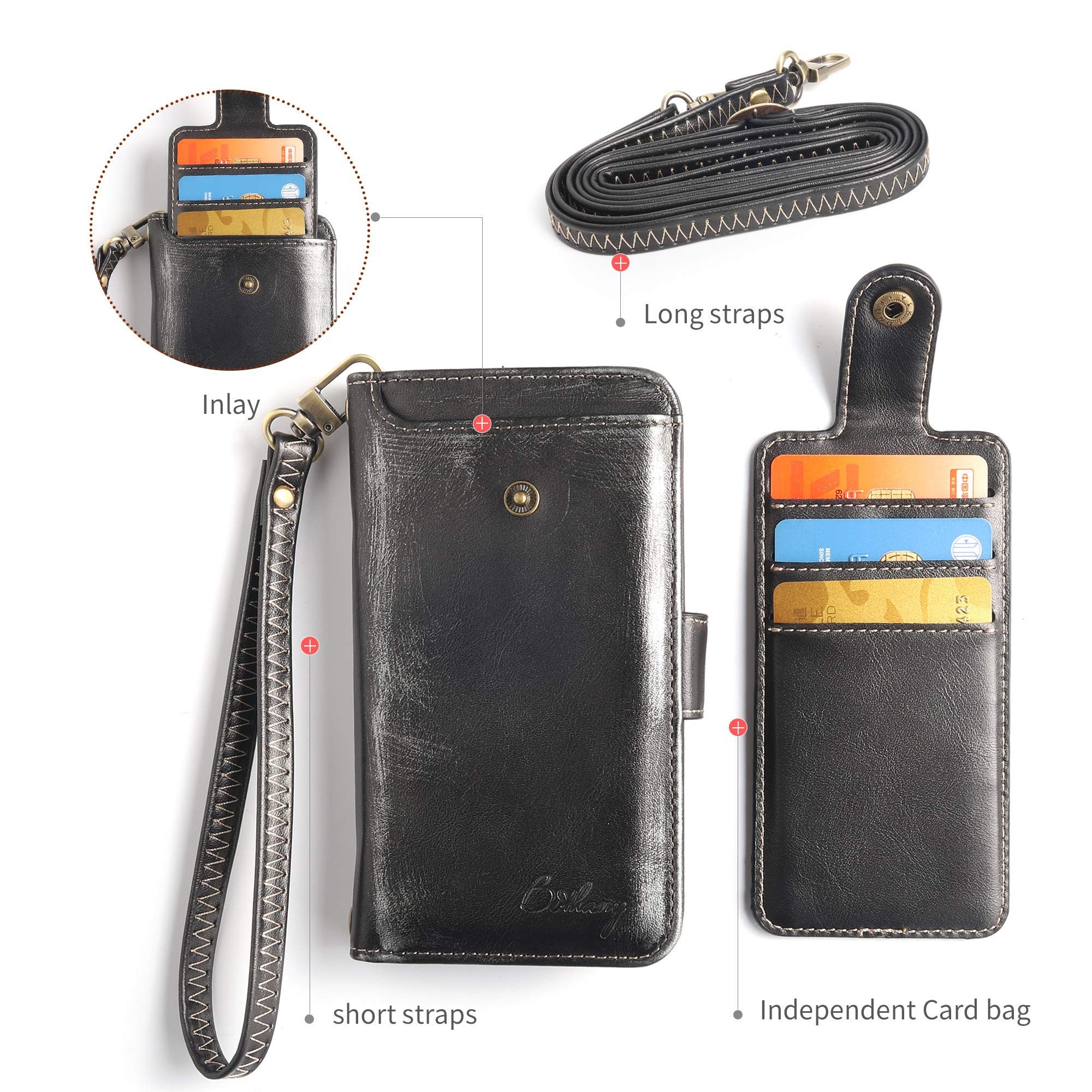 APOWUS Detachable Wallet Phone Case for iPhone 7/8 - Flip Cover with Adjustable Shoulder Strap, Small Messenger Pouch Bag for Women & Men (Retro Black) | Perfect for Travel, Shopping & Everyday Use