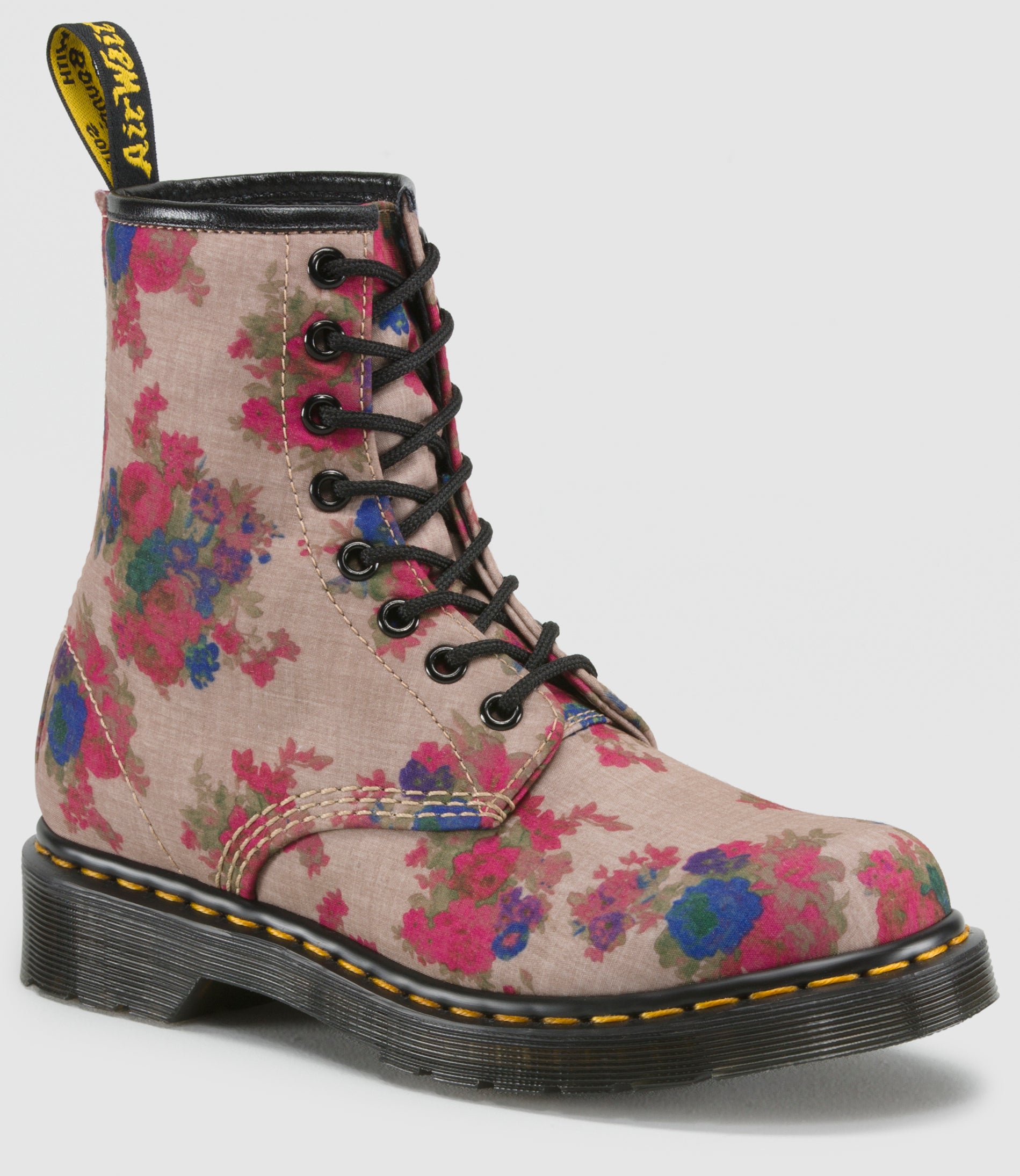 Dr. Martens 1460 Castel Taupe Vintage Bouquet Canvas Lace Up Boots - Women's Vintage Style Ankle Booties for Casual Outfits & Boho Fashion