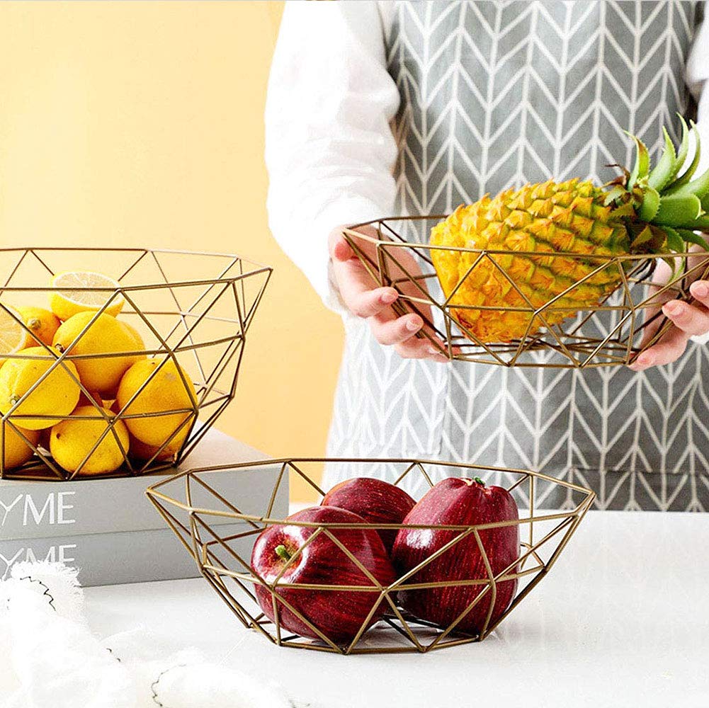 Geometric Metal Wire Fruit Basket - Large Gold Iron Art Kitchen Countertop Storage Bowl for Apples, Bananas & Oranges - Perfect for Dining Table, Pantry & Farmhouse Decor