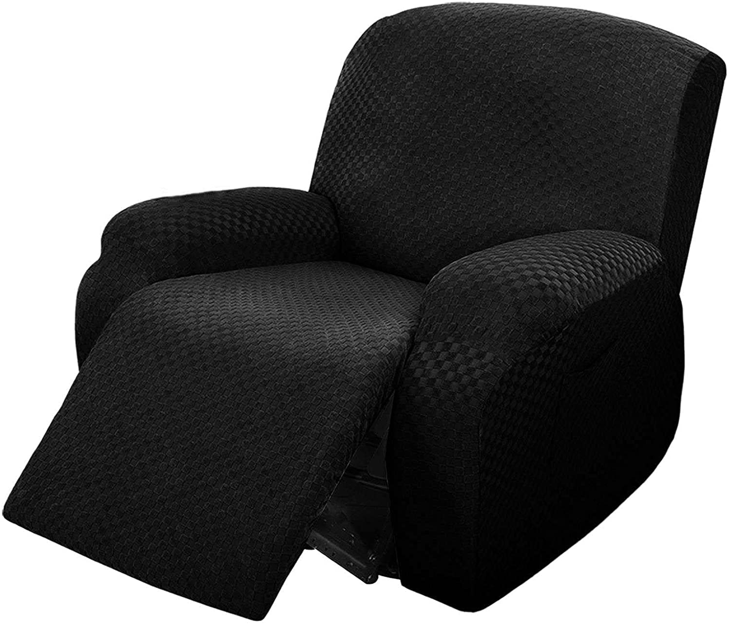 Soft Jacquard Stretch Recliner Slipcover with Side Pockets & Non-Slip Elastic Bottom - Breathable Reclining Chair Cover for Living Room Armchairs & Couches (Black, Recliner Size) - Perfect for Home Theater, Reading Nook & Lounge Relaxation