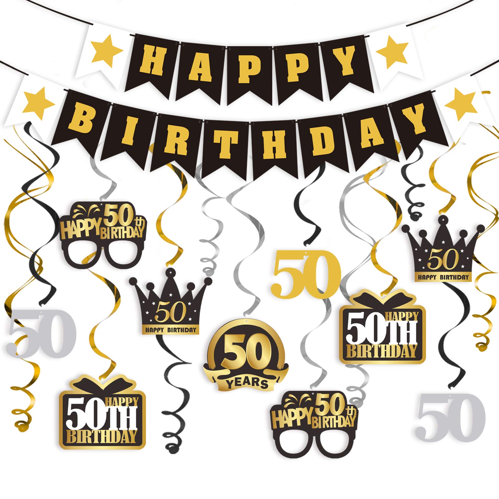 LINGTEER 50th Birthday Party Decorations Set - Swirl Streamers, Happy Birthday Banner, Hanging Backdrop for Fifty Years Old Celebration | Perfect for Milestone Birthday Parties, Anniversary Decor & Festive Home Decorations