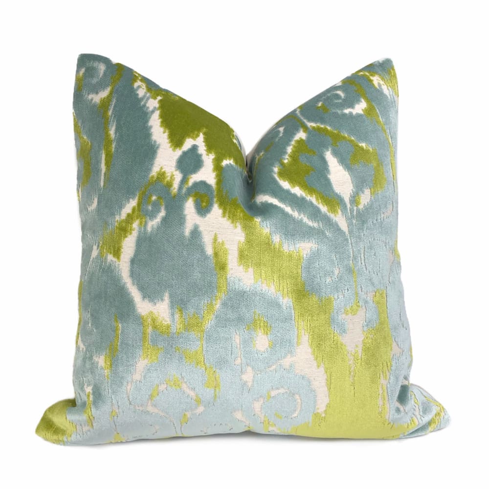 Robert Allen Velvet Bliss Ikat Damask Green Blue Cut Velvet Pillow Cover - Luxury Decorative Throw Pillow Case for Sofa, Bed & Home Decor