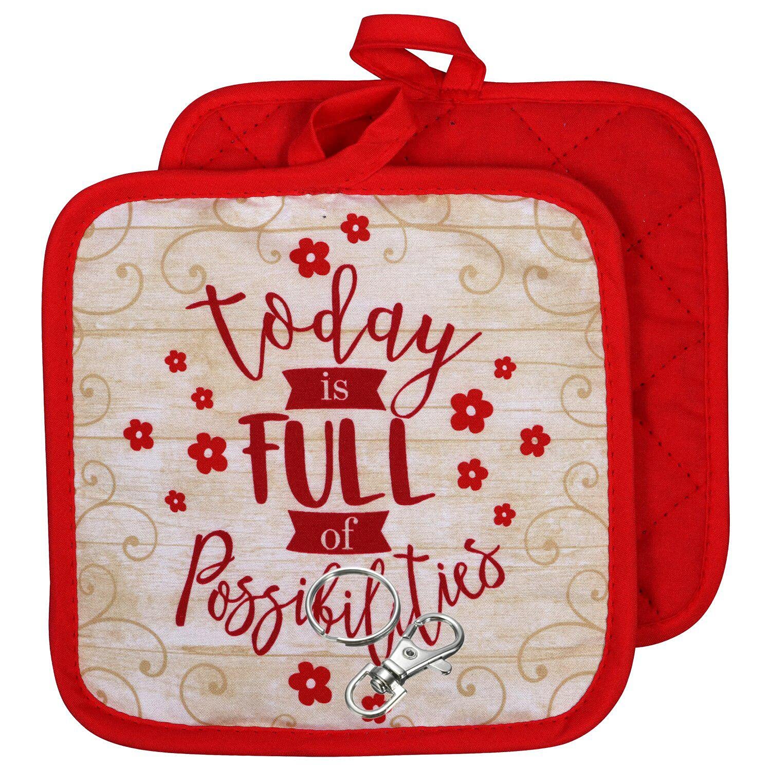4PCS Red Potholders and Hot Pads Set - 7x7 Inch Heat Resistant Kitchen Mitts with 1 Lobster Clasp & 1 Key Ring - Perfect for Cooking, Baking, and Grilling - 