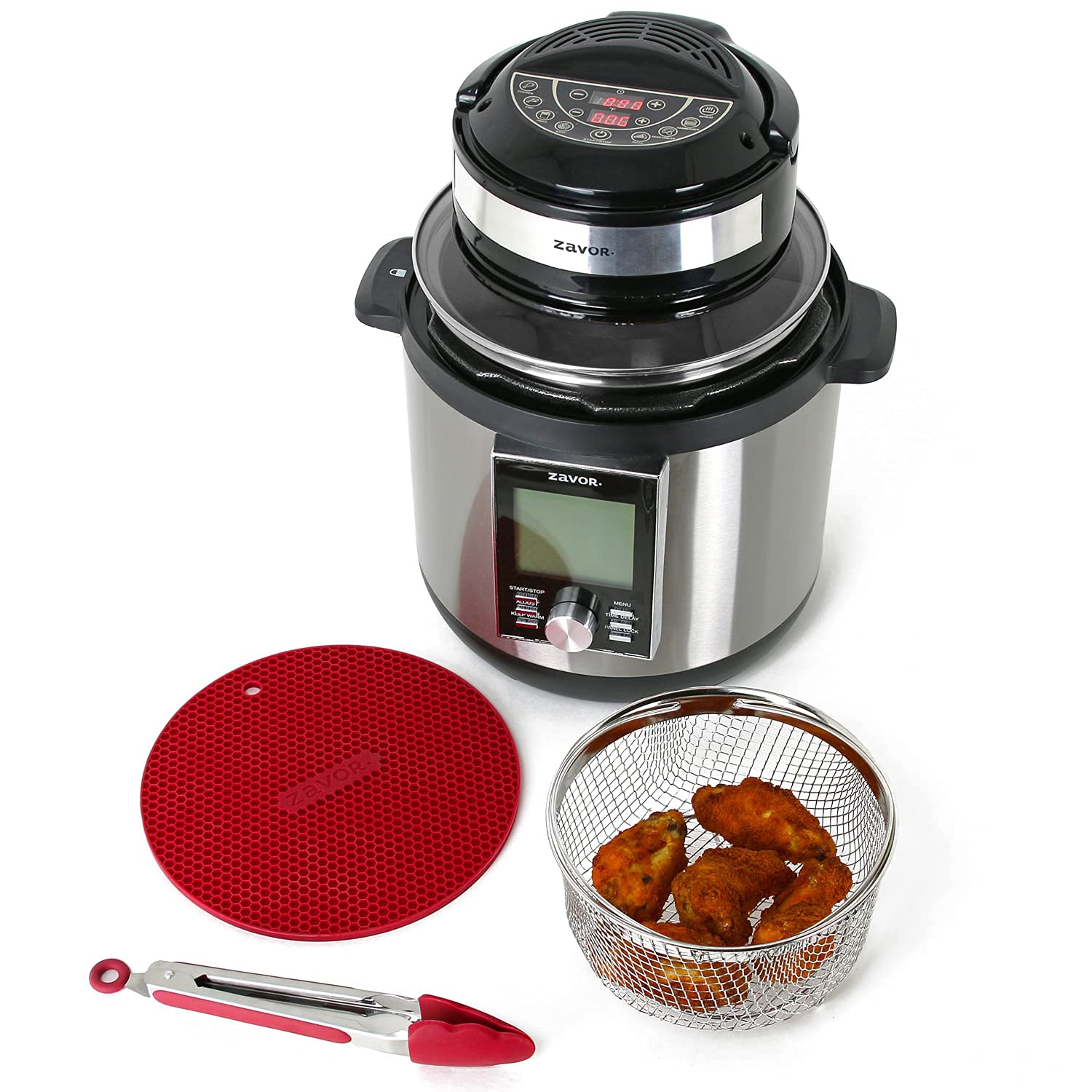 Zavor 8-in-1 Air Fryer Lid for 6Qt & 8Qt Stovetop Pressure Cookers - Compatible with Multicookers, Instant Pots & Stock Pots | Includes Stainless Steel Basket, Silicone Mat, Cooking Tongs & Free Recipe eBook | Perfect for Healthy Frying, Roasting & Baking at Home