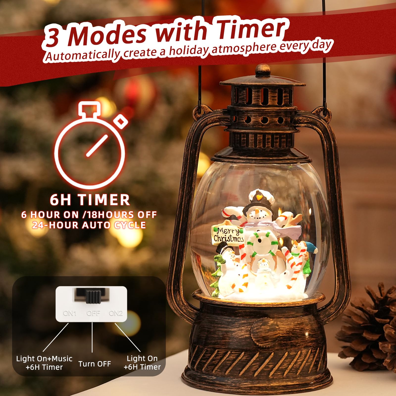 Light Up Musical Snowman Snow Globe with Glitter - Christmas Lantern Decor with 6H Timer | Holiday Home Decor, Gift for Christmas, Office & Winter Wonderland Theme Party