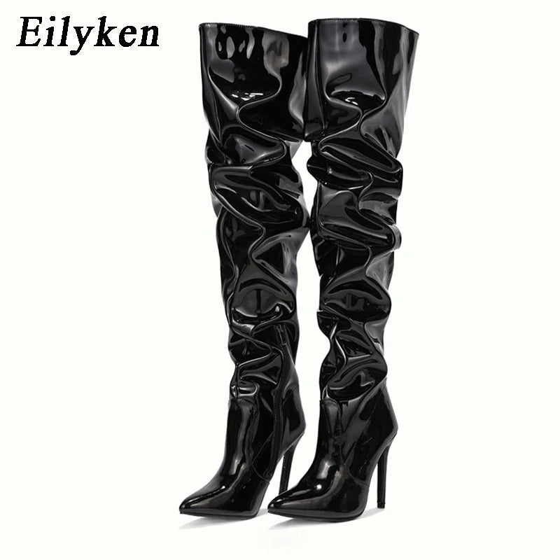 Eilyken Women's Red Over The Knee High Heel Boots - Patent Leather Pointed Toe Stiletto with Side Zipper | Fashionable Winter Boots for Party, Night Out & Date Night