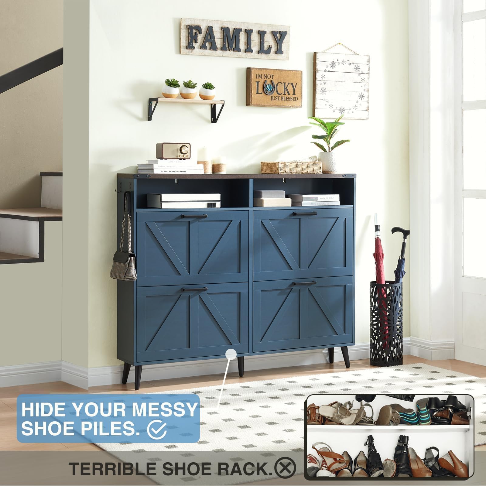 Farmhouse Shoe Storage Cabinet with 4 Flip Drawers & Barn Door Design - Freestanding Hidden Slim Narrow Shoe Rack Organizer with Open Shelves for Entryway, Foyer, Hallway - Perfect for Small Spaces & Home Organization (Blue)