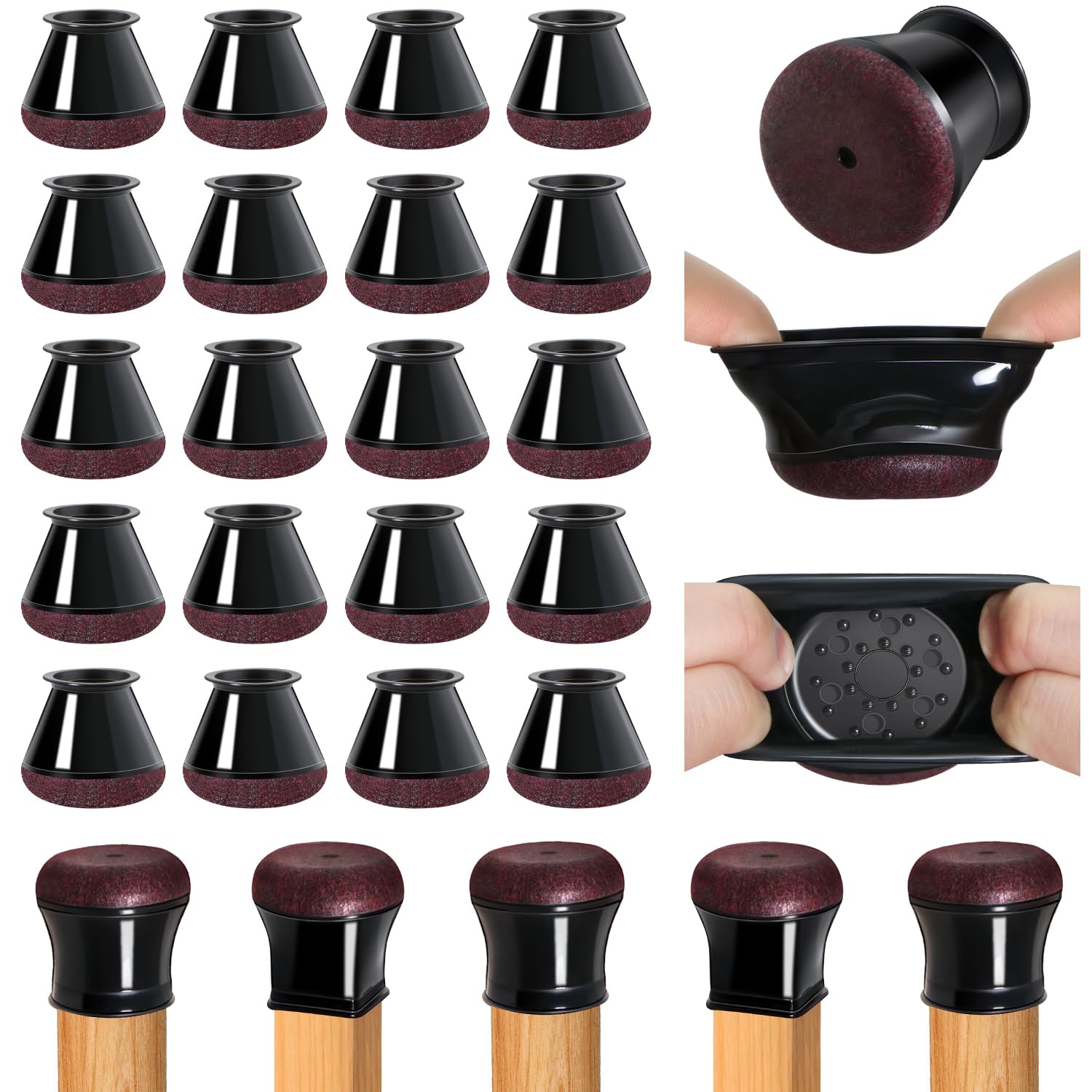 20 Pack Black Rubber & Felt Chair Leg Floor Protectors - 0.6